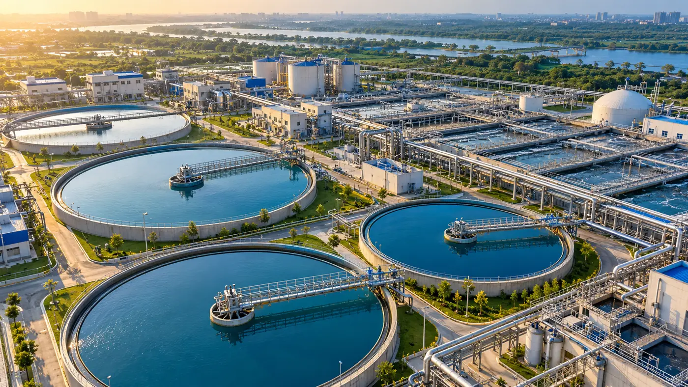 Aerial view of a large wastewater treatment plant with circular clarifiers